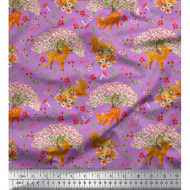 Soimoi Rayon Fabric Tree,Floral & Deer Animal Print Fabric by The Yard 56 Inch Wide
