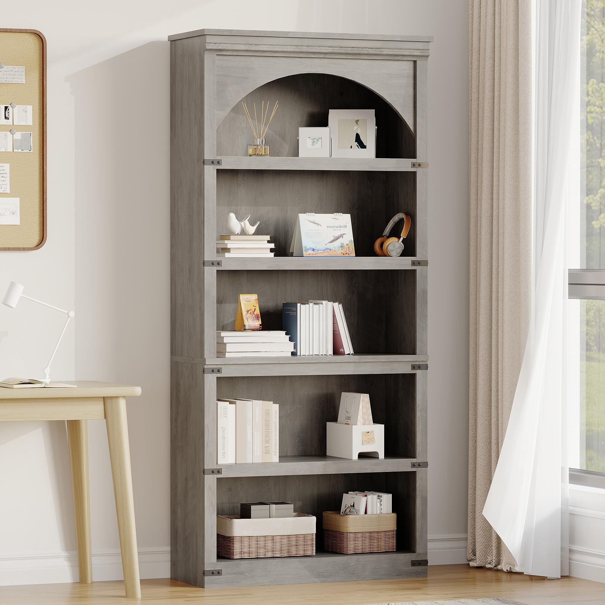 68.7"H Arched Bookcase, Freestanding 5 Shelf Bookshelf Bookcase, Farmhouse Curved Storage Rack, Wooden Bookshelves for Home Office, Living Room