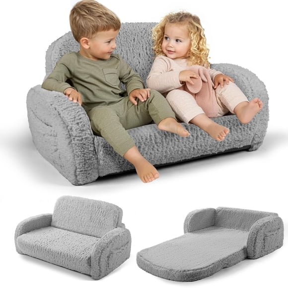 2-in-1 Sherpa Fold Out Kids Couch, Extra Wide Toddler Couch, Flip-Out Foam Couch with Soft Sherpa Cover, Modern Foldable Kids Furniture for Boys & Girls 3+, Gray