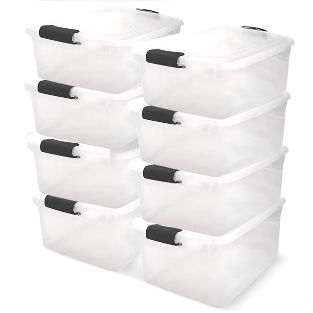HOMZ Bacs de Rangement en Plastique Transparents Empilables de 64 Pintes, Loquets Noirs, Lot de 8