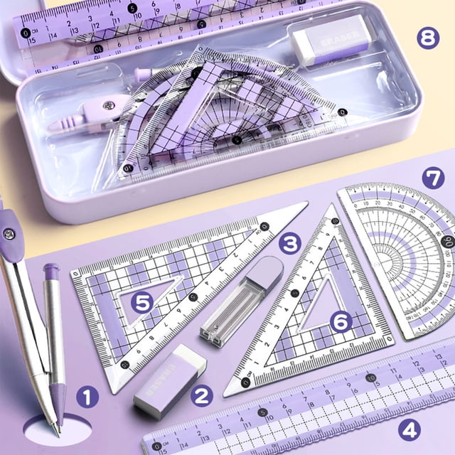 Deal of the Day! Avoid Myopia Math Geometry Kit 8 Piece Student Supplies Set With Shatterproof Storage Box Including Ruler Protractor Eraser Lead Leads Pencils For