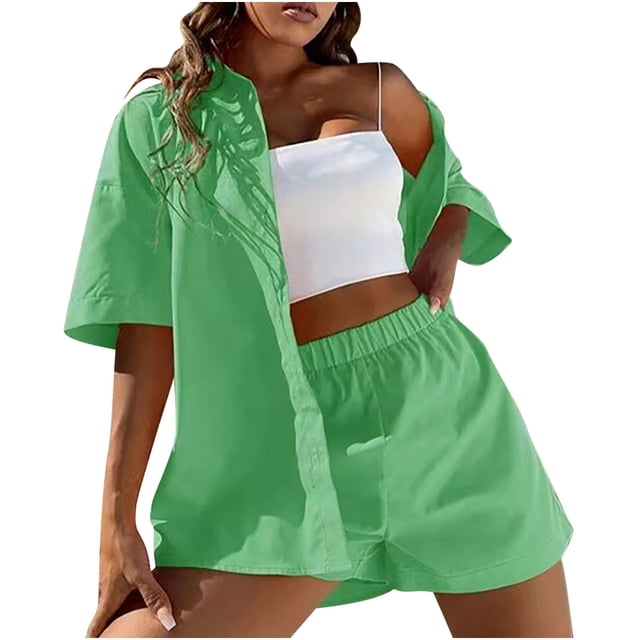 Birdeem Womens Spring and Summer Fashion Slim Button-Up Top Casual Shorts Solid Color Top/Shirt Suit