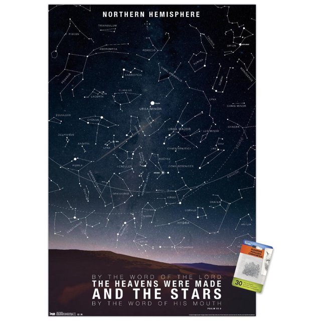 Affiche Murale des Étoiles, 22,375 Pouces x 34 Pouces Affichant une Carte Étoilée Détaillée des constellations de l'Hémisphère Nord Incluant Ursa Major, Orion et Cassiopée contre un Ciel Nocturne Sombre au-Dessus de silhouettes de Montagne, avec la Citation du Psaume 33:6 « Par la Parole du Seigneur les Cieux Ont Été Faits et les Étoiles par la Parole de Sa Bouche », Convient comme art Mural pour la Déco de la Maison Ou du Bureau.