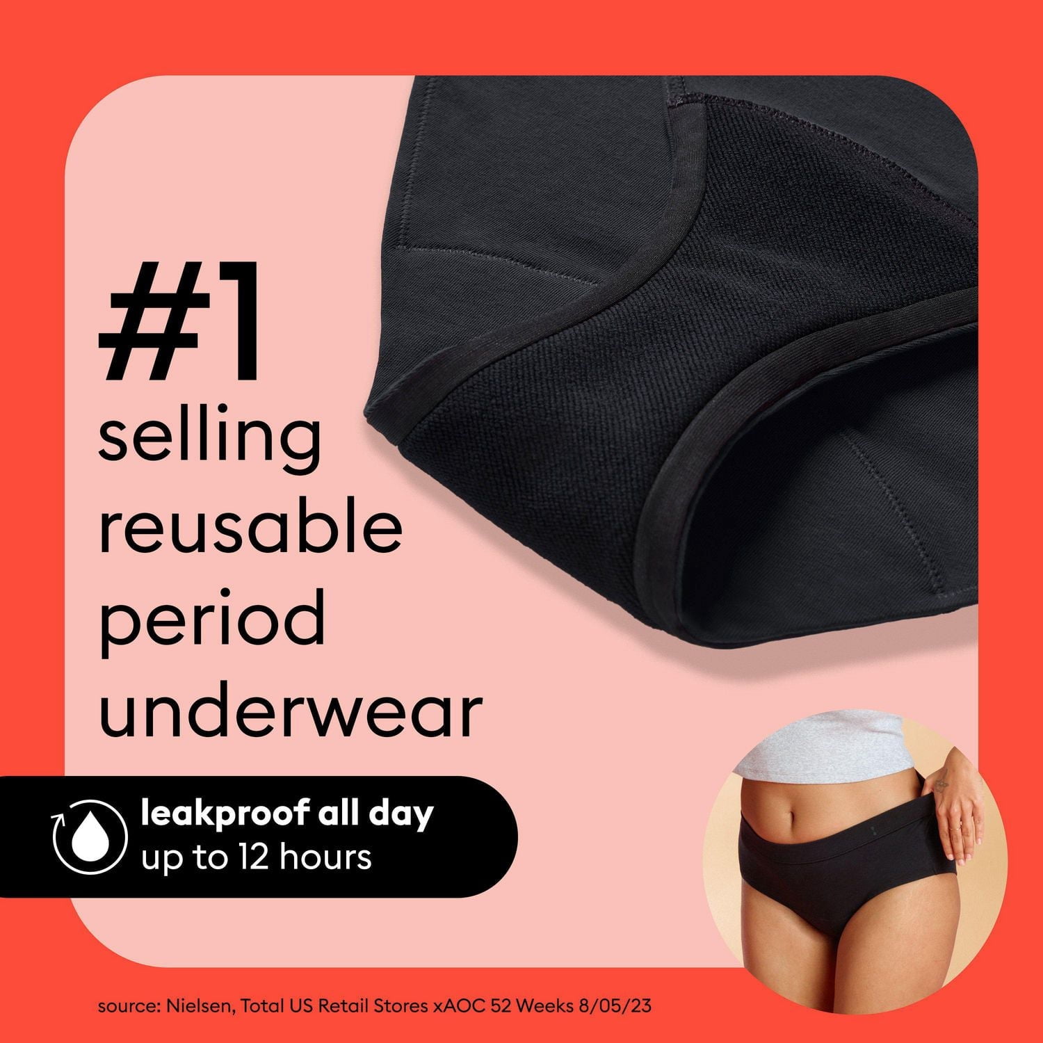 Culotte confortable pour tous les jours Thinx for All Women, sous-vêtement pour les règles contre les fuites, taille très grande, noir