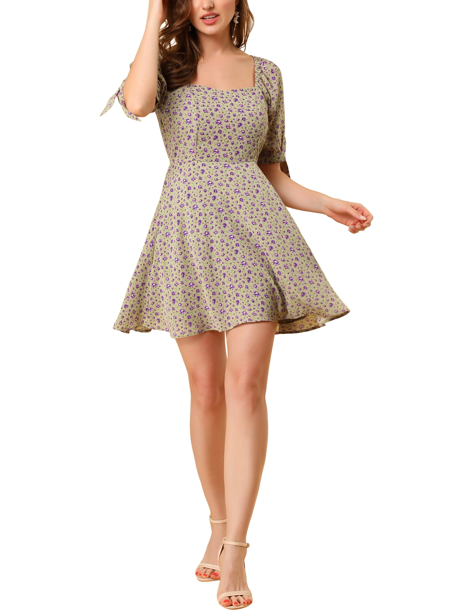 INSPIRE CHIC Junior's Sweetheart Neck Floral Puff Sleeve A-Line Mini Dress