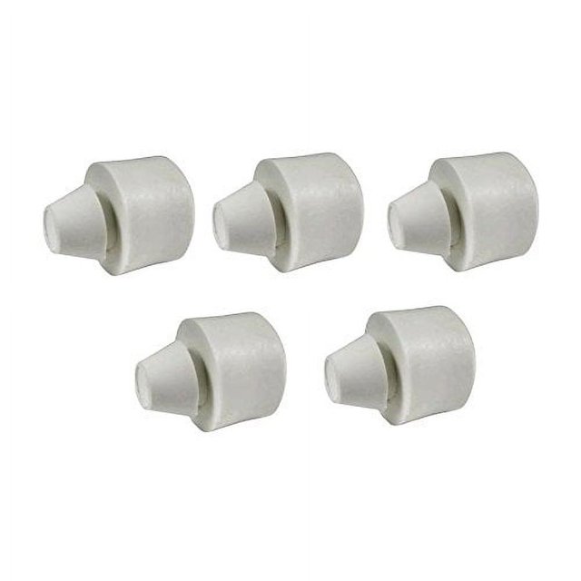 Univen 86001 Mixer Rubber Foot Replaces Kitchenaid 9708649 5 Pack. A set of five white rubber feet designed for KitchenAid stand mixers. These replacement parts are compatible with models like 4K5Ss, 5Kpm5, and Ksm50, fitting mixers with bottom holes approximately 3/8 inch (10mm) in diameter.