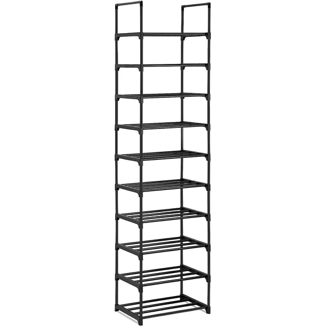 Stanz 10 Tier 20 Pairs Shoe Rack in black, a tall and narrow shoe tower with sturdy metal pipes and reinforced PP connectors. This free-standing entryway cabinet is stackable and adjustable, ideal for small spaces like closets, apartments, or hallways. It holds up to 20 pairs of shoes and can store boots, bags, or boxes by removing individual tiers.