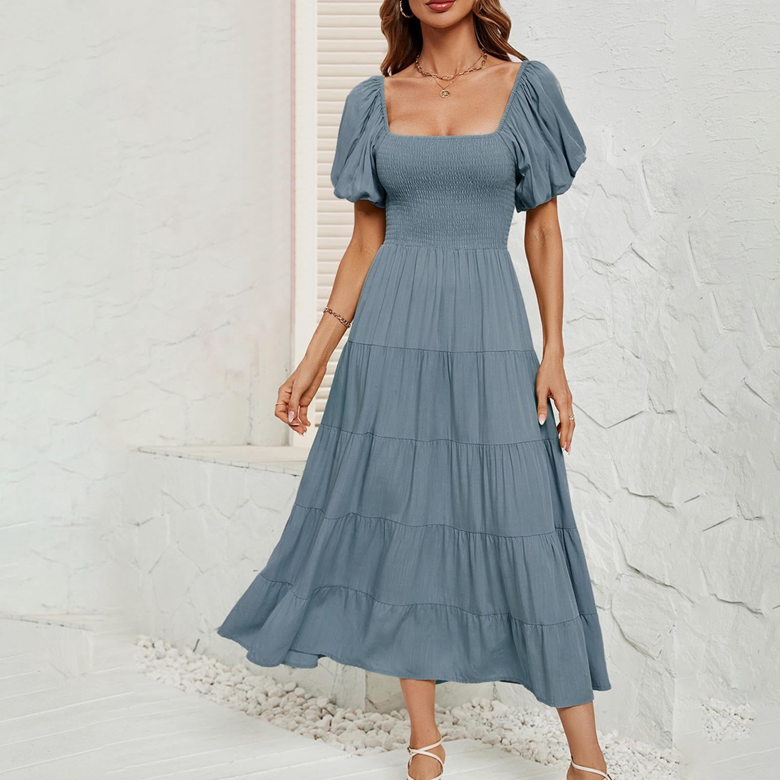 Robes d'Été Grande Taille pour Femmes 2024 Unies Taille Haute Manches Bouffantes Robe à Taille Enveloppée Économisez jusqu'à 65 % de Rabais!