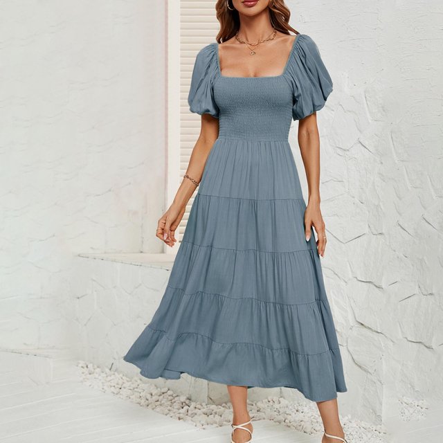 Robes pour Femmes 2024 Été Surdimensionnée Unie Taille Haute Manches Bouffantes Robe à Taille Enveloppée Rabais de 50 % Liquidation!