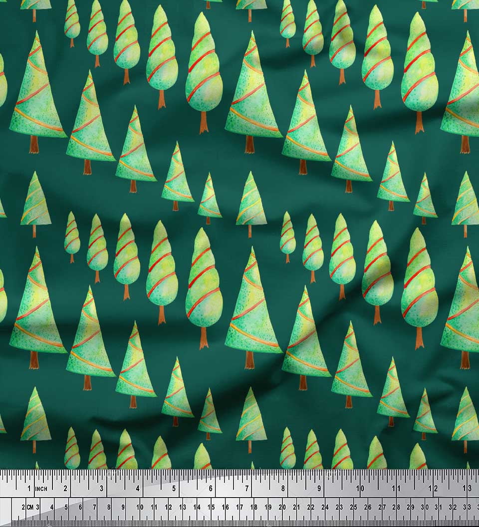 Soimoi Green polyester Crepe Fabric Christmas Tree Print Fabric by the Yard 52 Inch Wide