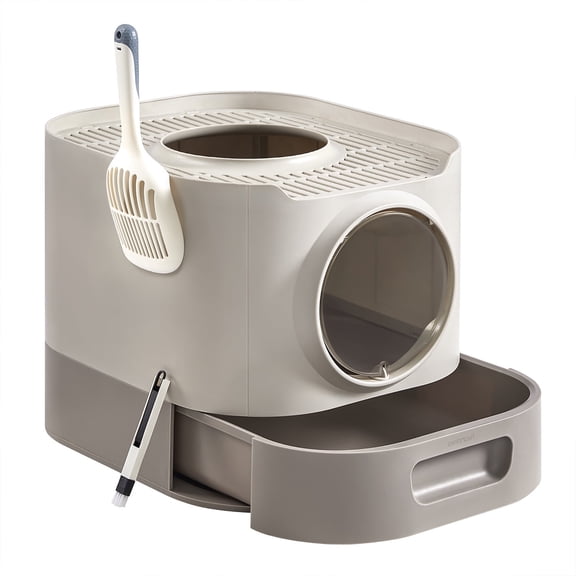 LEDREM Bac à Litière pour Chat TG Fermé avec Plateau Coulissant, Grille Supérieure Anti-Traces et Porte Ajustable, Comprend une Pelle et une Brosse, Avoine et Gris Chaud