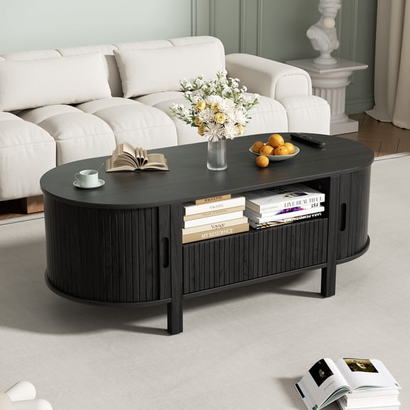 MARNUR Table Basse avec Rangement et Porte Coulissante à Tambour, Table Centrale Milieu du Siècle Moderne avec Tiroir pour Salon, Noir