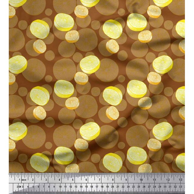 Soimoi Brown polyester Crepe Fabric Lemon Slice Vegetable Print Fabric by Yard 52 Inch Wide