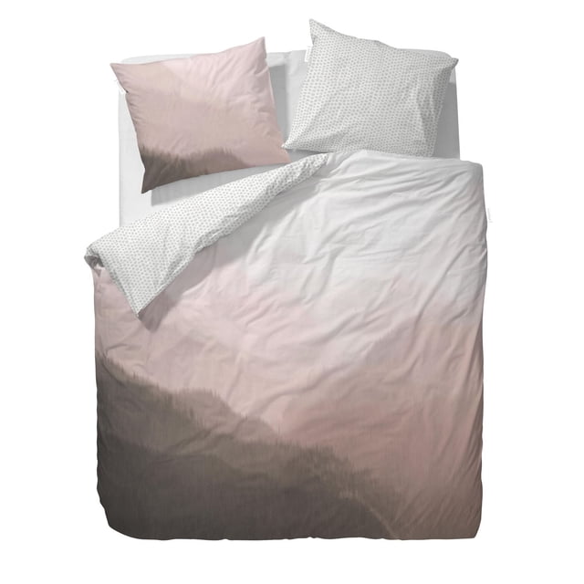 Essenza Home Duvet Cover Bedding Set with queen duvet cover featuring a gradient from light pink to dark brown, paired with two pillow shams—one solid pink and one grey with small polka dots, made from ultra-fine combed 100% cotton yarns for softness and year-round temperature regulation.