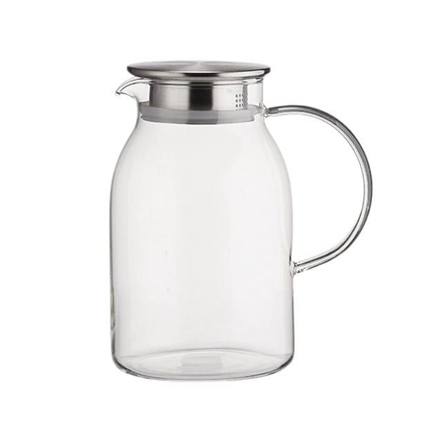 Siruishop Glass Pitcher Container Fridge Water Jug with a 1.2L capacity, made from heat-resistant borosilicate glass. Features a v-shaped spout for easy pouring and a stainless steel lid with a strainer. The clear glass design includes a sturdy handle and is suitable for hot or cold beverages like water, iced tea, milk, or juice. Dishwasher, microwave, oven, gas cooker, and freezer safe.