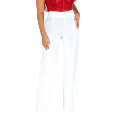 Clearance! Hontri Women Stretchy Straight Leg Pants Comfy Solid Classic High Waisted Wide Leg Long Bootcut Pant Slacks Work Office Plus Size Pants White S