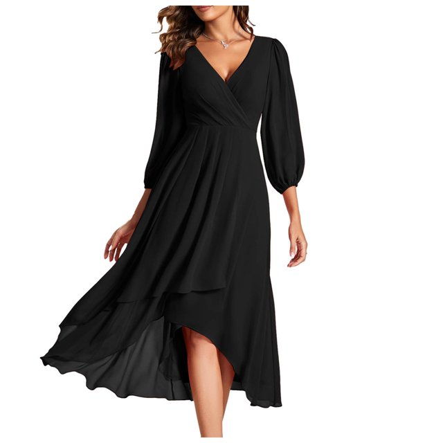 Robes pour Femmes en Chiffon Col en V Manches Longues Plissées Longueur Midi Maxi Robe Noire TTTG