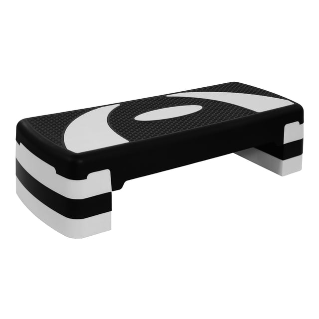 BalanceFrom Aerobic Step Platform Trainer with Adjustable 3-Level Risers in black and white. The platform features a textured, non-slip surface and rubber feet for stability. It includes risers to adjust the height to 4, 6, or 8 inches, making it suitable for various fitness levels. Made from durable ABS plastic, it supports up to 400 pounds and measures 31 x 11.5 x 8 inches. The sleek design is ideal for cardio, strength, and full-body workouts in gyms, studios, or home settings.