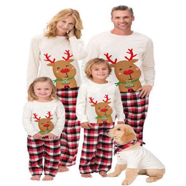 EIMELI Matching Family Christmas Pajamas Cute Deer Tops and Classic Plaid Pants Simple Color Collocation
