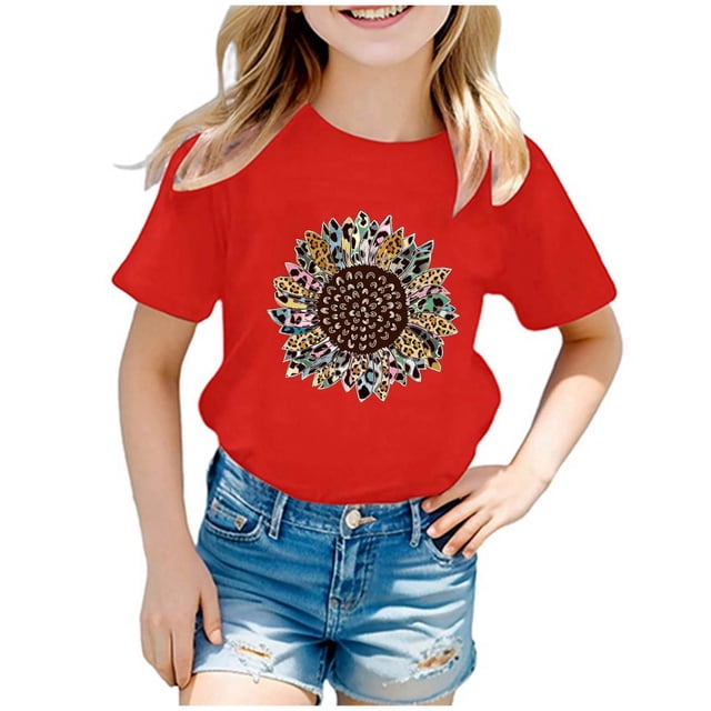 PMVFHDE T-Shirt Graphique pour Enfants à Imprimé Tournesol, Col Rond, Manches Courtes, Haut Décontracté, Tee pour Fille, 2-Rouge, 13-14 Ans