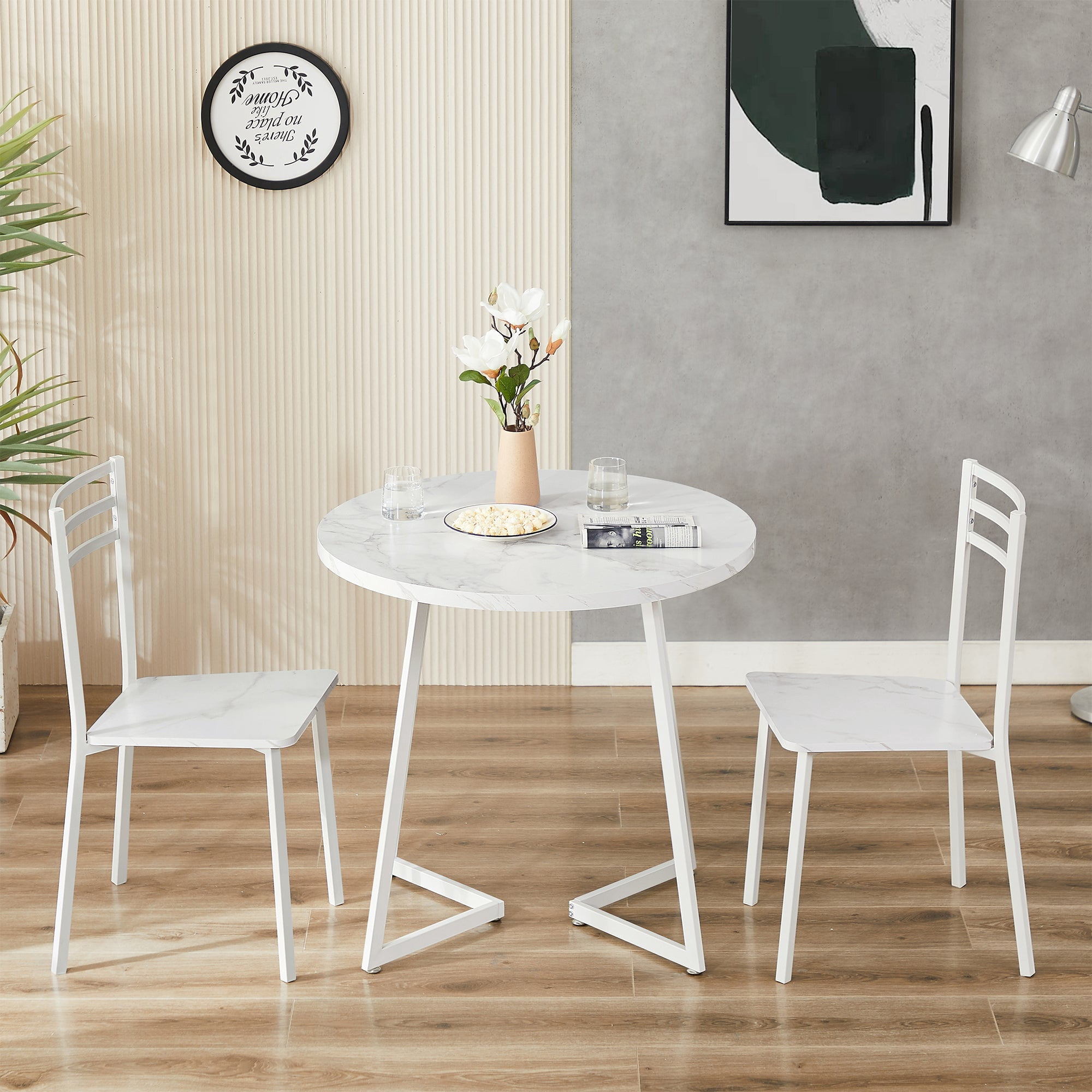 VECELO Round 3-Piece Dining Set, Compact Dining Table and 2 Chairs with Metal Frame, Couple Table Chair Set for 2, Marble White