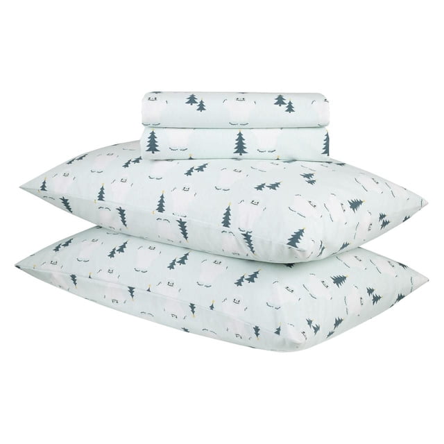 Ensemble de Draps en Flanelle des Fêtes avec Motif Botanique de Pins Vert Foncé et d'Ours Polaires Blancs sur Fond Clair, Incluant Deux Taies d'Oreiller et des Draps Pliés, Fabriqué en Coton 100 % Meilleur pour une Chaleur Respirante Lors des Nuits Fraîches.