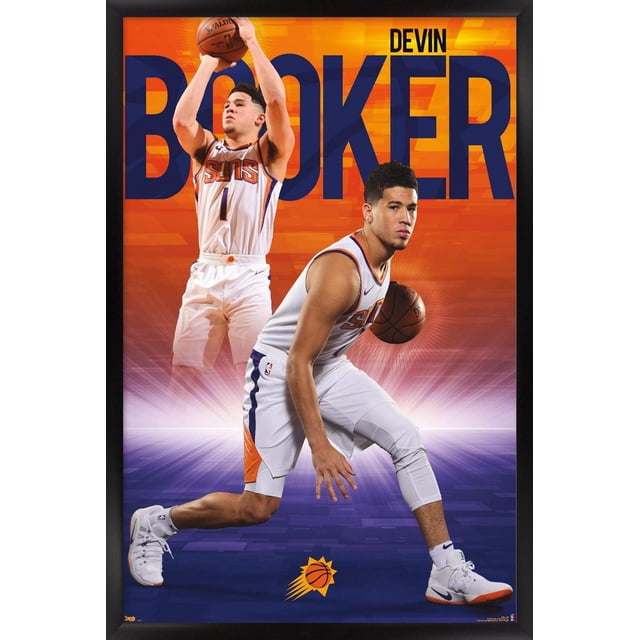 NBA Phoenix Suns - Devin Booker 18 Wall Poster, 22.375" x 34" framed featuring Devin Booker in white Phoenix Suns uniform with orange and purple accents, shown in two basketball action poses—dribbling and shooting—against an orange and purple gradient background with large blue 'BOOKER' text and the Suns logo at the bottom, ideal for sports-themed room decor or fan collections.