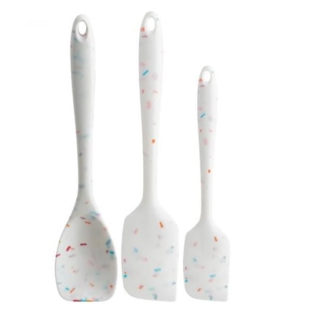 Trudeau Maison Spatules en Silicone Ensemble de 3 Ustensiles de Cuisine avec Têtes et Poignées en Silicone Blanches Résistantes à la Chaleur avec Motif de Confettis Multicolores, Incluant une Spatule-Cuillère de 11 Pouces, une Spatule Plate de 11 Pouces et une Petite Spatule de 8 Pouces, flexible et Résistante aux Taches pour la Pâtisserie et la Cuisine, avec Trous de Suspension pour un Rangement Facile.