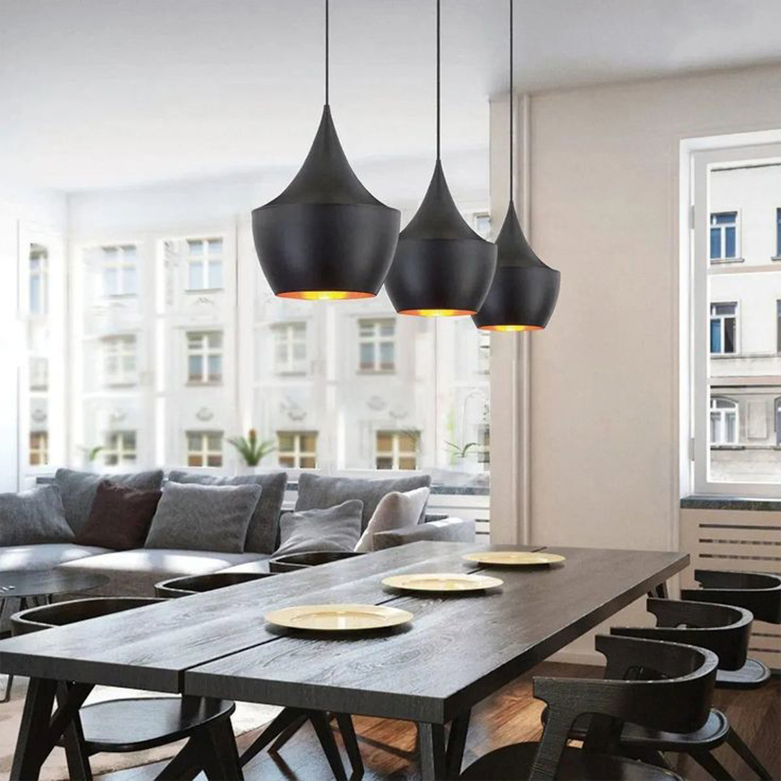 Heavenly Collections | Suspension Larme Moderne - Plafonnier Suspendu Noir Mat Style Mid-Century - Lustre Goutte Contemporain avec Intérieur en Feuille d'Or Martelée