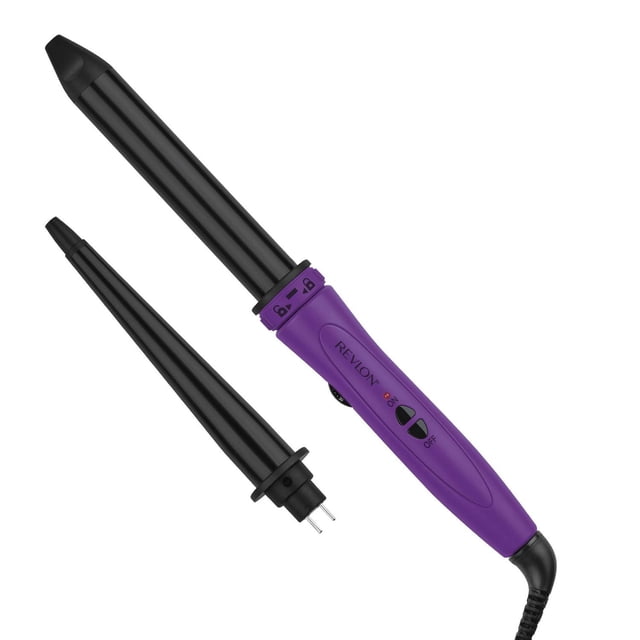 Revlon Tourmaline Céramique Baril 2-en-1 Wand 1′′ et Effilé 3/4′′-1′′ avec Poignée Violette et Deux Barils à Friser Interchangeables Noirs, Incluant un Baril de 1 Po pour Boucles Moyennes et un Baril Effilé pour Vagues Lâches, avec Anneau de Verrouillage et Cordon Pivotant de 6 Pieds pour une Coiffure Polyvalente.