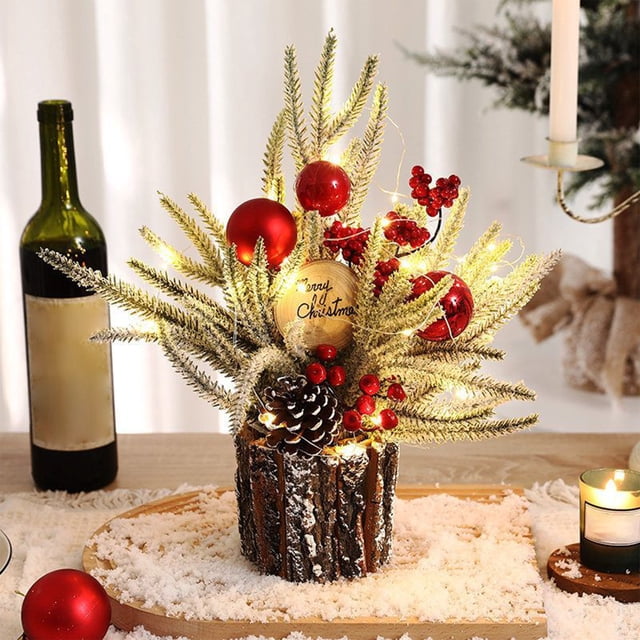 SuoKom Newest Artificial Mini Christmas Trees Prelit- Indoor Christmas Decorations with Lights, Small Xmas Trees Include Berry/Pinecone, Tabletop Christmas Decor