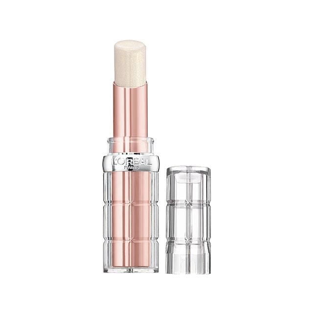 Oréal Paris Colour Riche L' Rouge à Lèvres Repulpant en tube Plastique transparent et Facetté avec Boîtier Intérieur Or rose, Montrant un Bâton de Baume transparent et Lustré Allongé et un cap Clair à Côté, Offrant un Éclat de Lèvres Volumisant Instantané et Hydratant avec une Subtile Touche de Couleur.