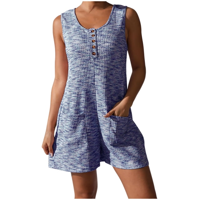 Lenpel Women's Plus Size Rompers Summer Casual Scoop Neck Quarter Button Textured Sleeveless Jumpsuits Loose Short Overalls with Pockets