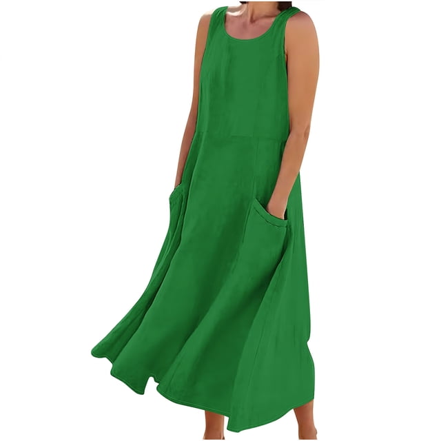 AherBiu Robe Maxi pour Femmes 2024 Été Décontractée Robe d'Été en Lin Sans Manches Ample Robe Débardeur avec Poches