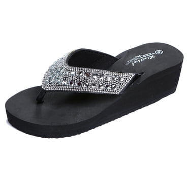 XZNGL Slippers for Womens Slippers Flip Flops Women Summer Slippers Fashion Rhinestones Wedges Flip Flops Womens Casual Beach Shoes