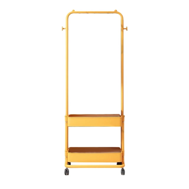 Support à Vêtements Polyvalent avec Roues en Jaune, Doté d'Un Cadre en Fer Robuste avec une Tringle Supérieure et des Paniers à Deux Niveaux pour le Rangement. l'Étagère Inférieure Accueille des Chaussures, des Couvertures Ou des Pantalons. Conçu pour les Chambres, les Buanderies Ou les Petits Espaces, Ce Portant à Roulettes Est Antirouille et Facile à Déplacer.