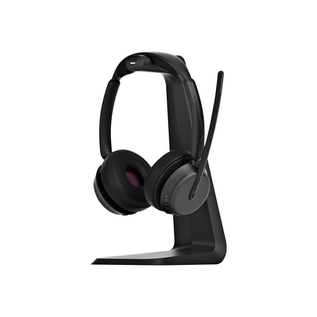 EPOS IMPACT 1061T ANC Casque Affiché sur Son Support de Recharge Sans Contact. Ce Casque Bluetooth Supra-Auriculaire à Double Face Présente une Réduction de Bruit active Adaptative (ANC), la Technologie EPOS BrainAdapt et des microphones Numériques Adaptatifs pour une Prise Vocale Supérieure. Conçu pour les Environnements de Bureau Ouverts, Il Comprend un Éclairage Actif à 360 Degrés et Prend en Charge une Connectivité triple pour un Appariement Fluide des Appareils.