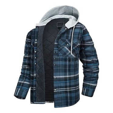 Penkiiy Hooded Plaid Jacket Men Button Casual Hooded Thicken Lattice Long Sleeve With Pocket Jacket Navy Plaid Jacket