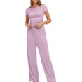 thumbnail image 4 of Birdeem Ensemble 2 Pcs Femme Mode Col Rond Uni Blouse à Manches Courtes + Pantalon Long Taille Élastique, 4 of 12