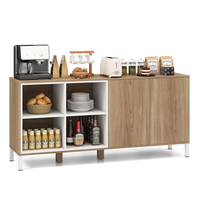 Costway Buffet Bahut de 63 Pouces Armoire de Rangement de Cuisine avec 4 Compartiments Tablette Ajustable