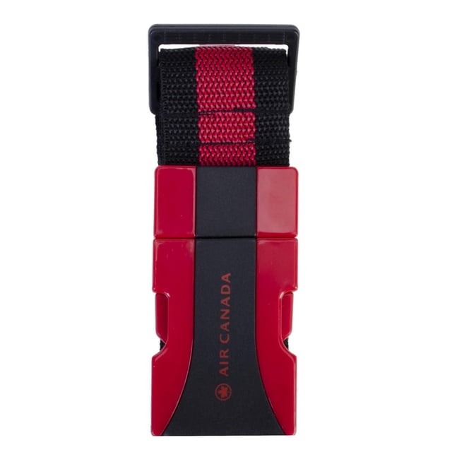 Air Canada Luggage Strap 1 with a black and red woven strap and a durable snap-lock buckle featuring the Air Canada logo in red. This adjustable travel strap fits suitcases up to 72 inches, securing luggage and aiding easy identification. It is also suitable for bundling travel gear securely.