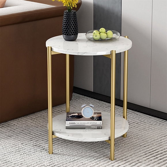 Wisfor 2-tier Real Marble Sofa Side Coffee Table Round Nesting Table Gold Frame