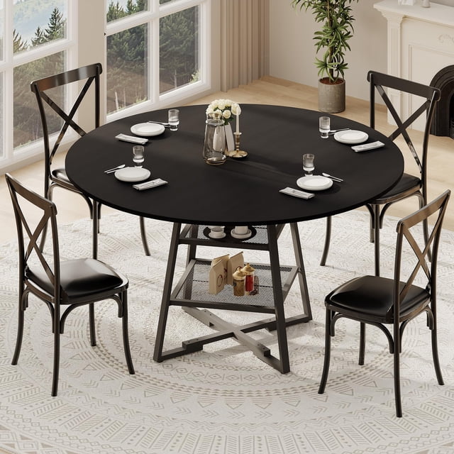 Ensemble de Table à Manger Ronde pour 4-6 – Table de Cuisine en Bois de 47 Pouces avec Base en Métal et Tablette de Rangement, Table de Salle à Manger Élégante pour Repas en Famille