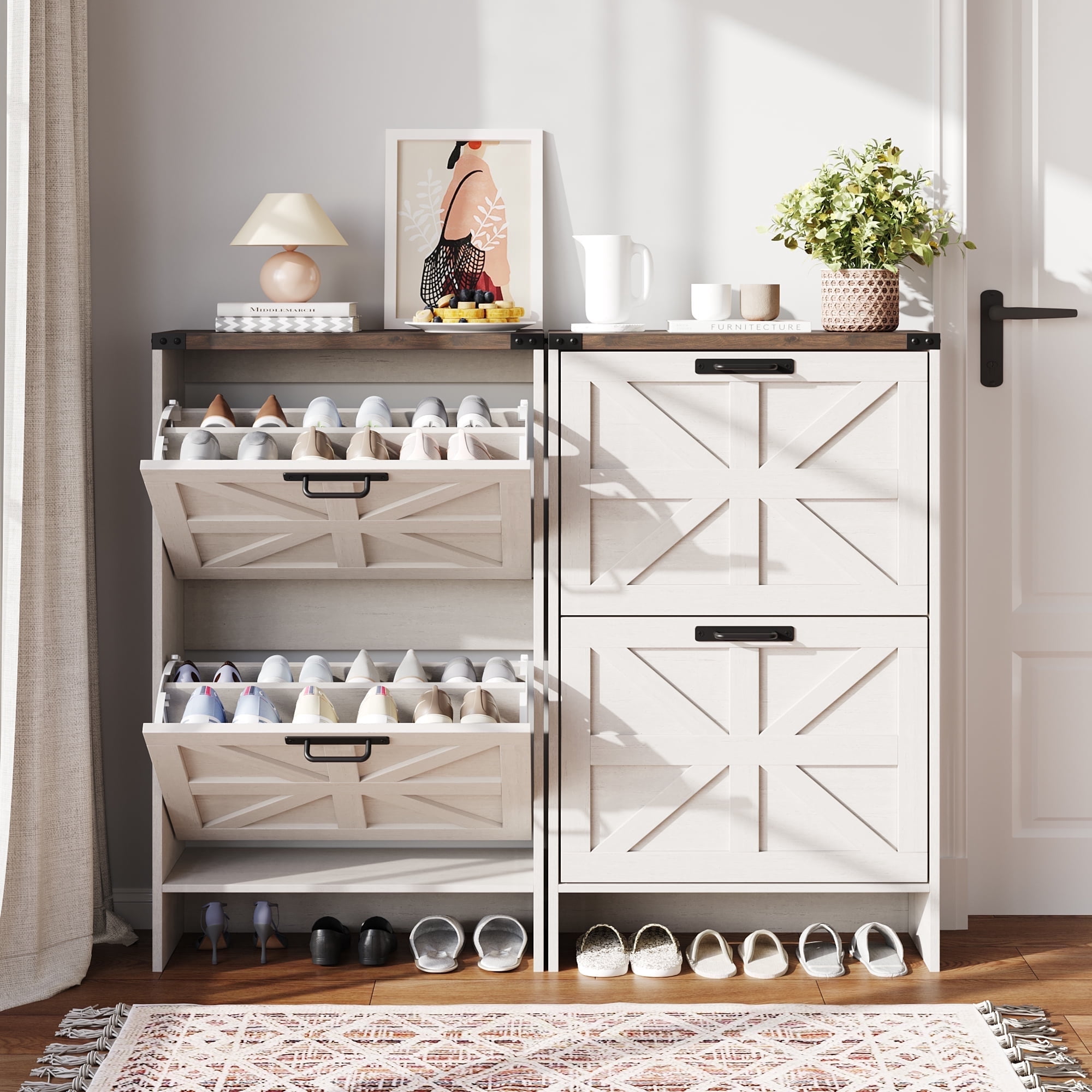 Vabches Shoes Storage Cabinet With Doors, Farmhouse Shoe Cabinet With 2 Flip Drawers For Entryway, White