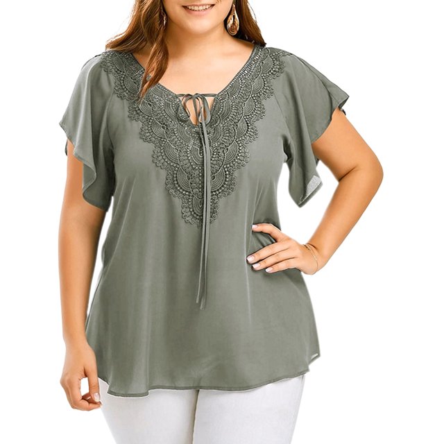 MAWCLOS Ladies Tunic Blouse V Neck T Shirt Short Sleeve Chiffon Tops Oversized Holiday Solid Color T-shirt Gray 4XL