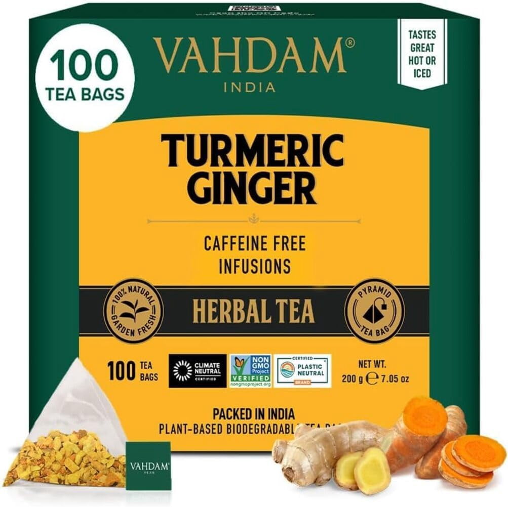 VAHDAM Turmeric Ginger Herbal Tea, 100 Pyramid Tea Bags | Caffeine-Free