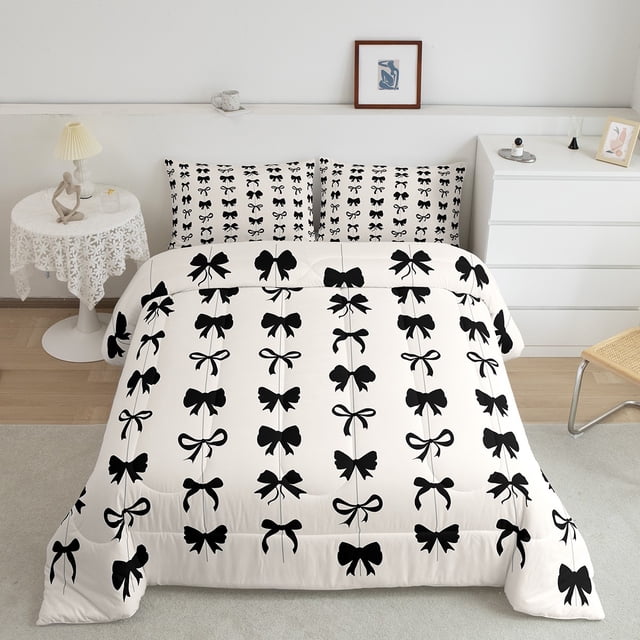 Erosebridal Cool Bow Tie Bedding Sets Toddler with Comforter, Chic Bowknot Duvet Insert, Black and White, Reversible 2 Pieces