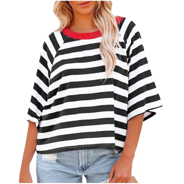 Penkiiy Hauts pour Femmes à Rayures 2025 Mode T-Shirts à Manches 3/4 pour Femmes Design à Blocs de Couleur T-Shirt Basique Ample L Noir