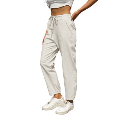 Women's Solid Linen Casual Pants with Drawstring Elastic Waist, Slim Fit Tapered Long Trousers for Spring/Summer