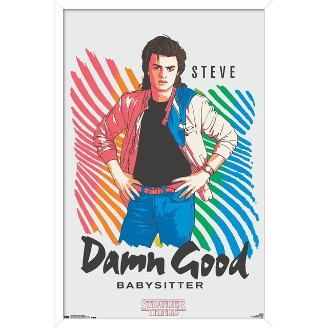 Netflix Stranger Things : Saison 2 - Affiche Murale de la Gardienne, 14,725 Po x 22,375 Po, Représentant une illustration Graphique de Steve Portant une Veste Rouge et Blanche par-Dessus une Chemise Noire avec jeans Bleus et une Ceinture Rouge, Debout avec les Mains sur les Hanches sur un Fond d'Empreintes Colorées en Rouge, orange, Vert et Bleu, avec le Texte « Merde Bonne Gardienne » et le logo Stranger Things en Dessous, Idéal pour la Déco Murale de Chambre Ou de Dortoir.
